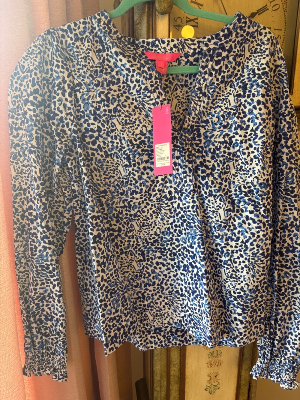 Blue and White Leopard Print V-Neck Blouse
